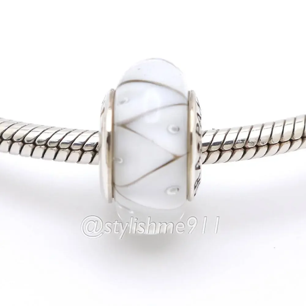 Authentic PANDORA Sterling Silver White Zig-Zag Murano Glass Bead Charm